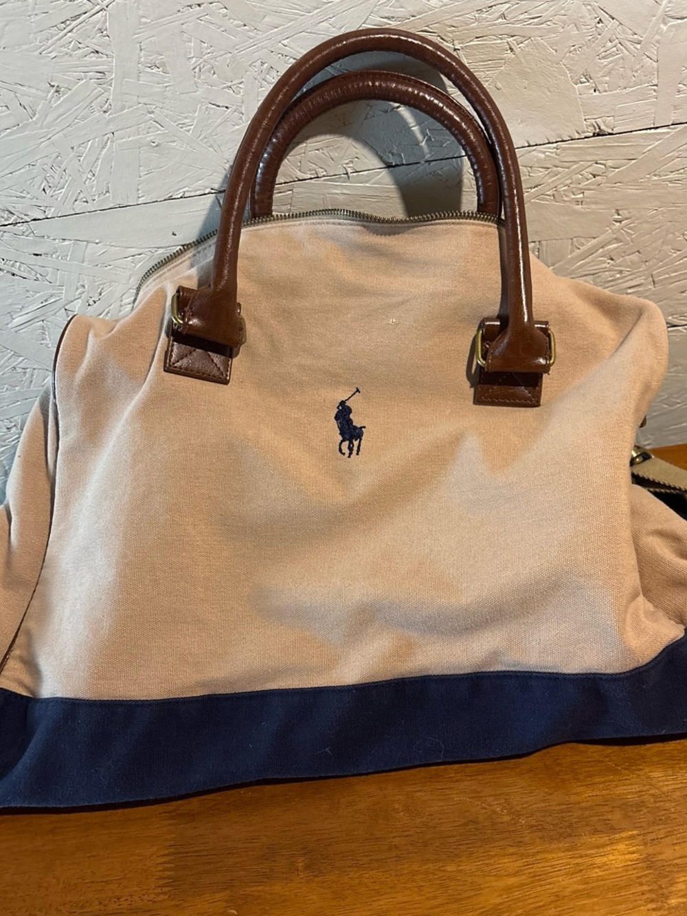Polo by Ralph Lauren Beige and Navy Canvas Duffel with Brown Leather Handles